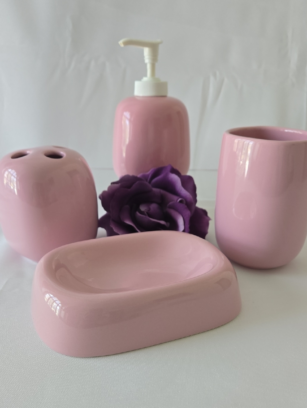 Pink Ceramic Bathroom Set 4‑Pc - Soap Dispenser, Holder, Tumbler & Soap Dish